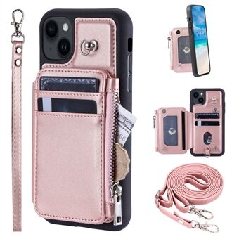 009 RFID-suojattu PU+TPU-puhelinkotelo iPhone 15 Plussaan, jossa on tukijalka, vetoketjullinen lompakkopuhelinkotelo ja remmit.