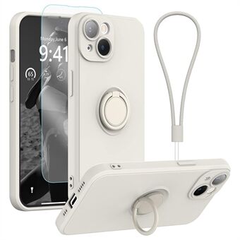 Rannehihnallinen puhelinkotelo iPhone 15 Plussalle, renkaanpidike jalustalla, nestemäinen silikonikotelo karkaistulla lasisuojakalvolla