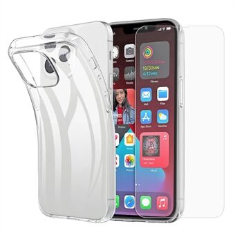 iPhone 15 Plusin Anti-drop läpinäkyvä TPU-puhelinkotelo, mukana 2.5D-kaareutunut karkaistu lasikalvo näytölle.