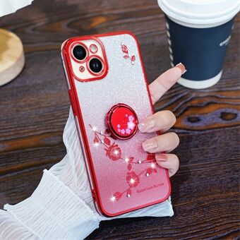 iPhone 15 Plus Ring Kickstand Flower Pattern Gradient TPU Cover Glitter Shockproof Phone Case → iPhone 15 Plus -rengastelineellä varustettu kukkakuviollinen saumaton TPU-kuori, jossa on kimaltavaa kimalletta ja iskunkestävä suoja