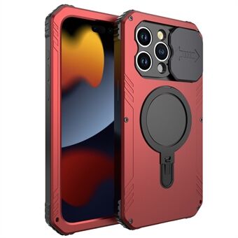 Magneettinen kääntyvä metalli+silikoni suojakotelo iPhone 15 Pro -kamerasiirtimelle, jossa myös MagSafe-yhteensopiva lasikalvolla.