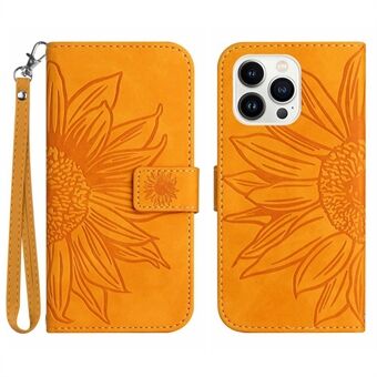 HT04-puhelimen kuori iPhone 15 Pro -laitteelle, auringonkukkakuviolla varustettu nahkainen lompakkokansi seisontatelineellä ja kädensijalla.