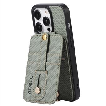 ABEEL Tyyli 02 PU-nahka+TPU-puhelinkotelo iPhone 15 Pro:lle, RFID-suojattu korttipidike hiilikuitukuviolla ja tukijalalla.
