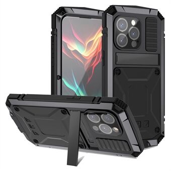 R-JUST:iPhone 15 Prolle Kickstand-puhelinkotelo PC+Silikoni+Metalli Iskunkestävä suojakuori, jossa karkaistu lasikalvo.