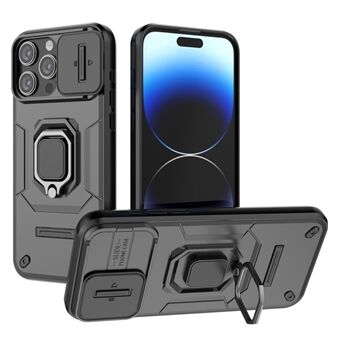 iPhone 15 Pro Kickstand -puhelinrasia, jossa on Slide Lens -suoja PC+TPU iskunkestävällä kuorella
