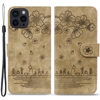 Läpikuultava cat-flower -kuviollinen nahkakotelo iPhonelle 15 Pro, jossa on mukana rannehihna ja puhelinteline.