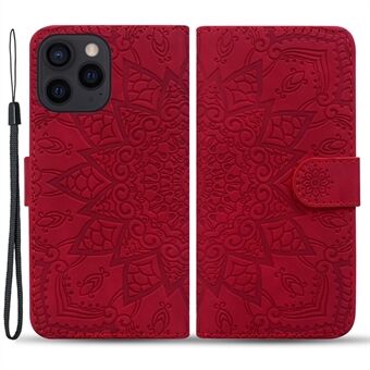 iPhone 15 Pro Imprint Flower -kuoritettu puhelinkotelo, slim fit, vasikanahkakuviointi, seisontatuki, lompakkotyylinen nahkakotelo