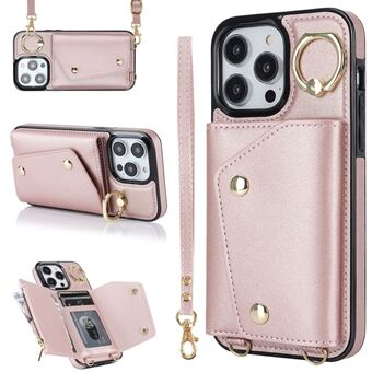 iPhone 15 Pro vetoketjullinen lompakkokotelo jalustalla, PU-nahka + TPU-ristikkopuhelinkansi