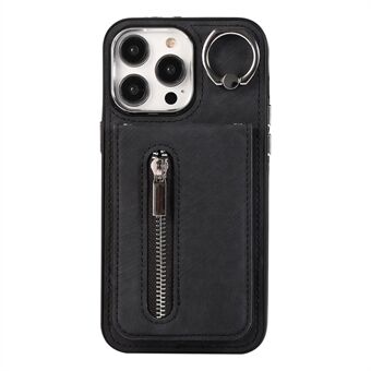 iPhone 15 Pro Leather+TPU Kickstand -kotelolla, vetoketjullisella taskulla ja käsirenkaalla sekä olkahihnalla varustettu puhelimen suojakuori