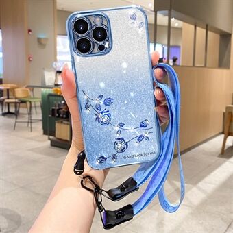 TPU-kotelo iPhone 15 Prolle, remmillä varustettu kimalteleva strassikoristeinen kukkakuviointinen iskunkestävä puhelinkotelo