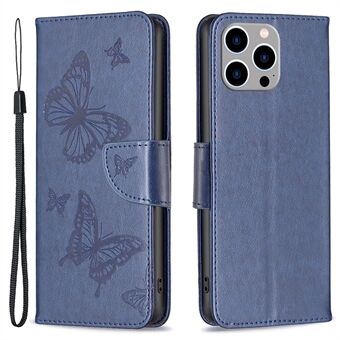 iPhone 15 Pro Max Flip-kotelo perhosen kuvioimalla, nahkaa, pölyntorjuntaominaisuus, seisontatuki ja rannehihna