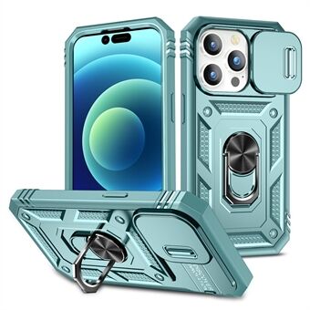 iPhone 15 Pro Max Kickstand -kotelolla varustettu korttipidike, PC+TPU-puhelimen suojakuori, jossa on liukuva kameran suojaus.