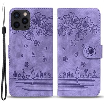 Anti-drop-kotelo iPhone 15 Pro Maxille, nahkainen lompakkojalusta, painettu kukka kissapuhelin kansi hihnalla.