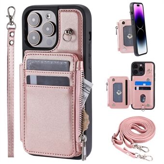 009 Tuki Jalusta Puhelinkotelo iPhone 15 Pro Maxille Vetoketjullinen lompakkopuhelinkansi RFID-suojauksella PU+TPU-kotelo remmeillä