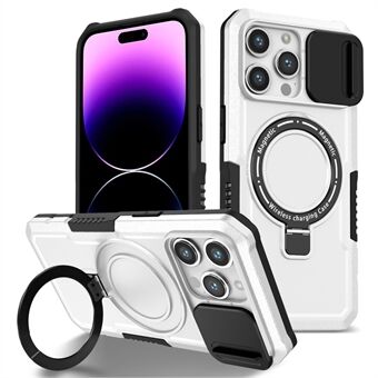Kickstand PC+TPU suojakotelo iPhone 15 Pro Max -puhelimelle, yhteensopiva MagSafen liukuvan linssisuojan kanssa, suojaa puhelimen kuorta
