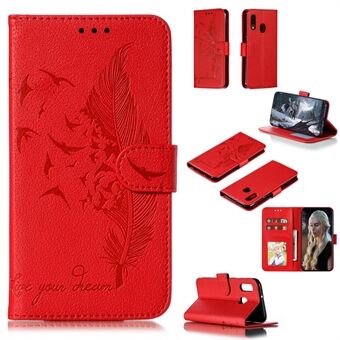 Litsi Texture Jälki Feather Leather Phone Case Lompakko Stand Samsung Galaxy A20e