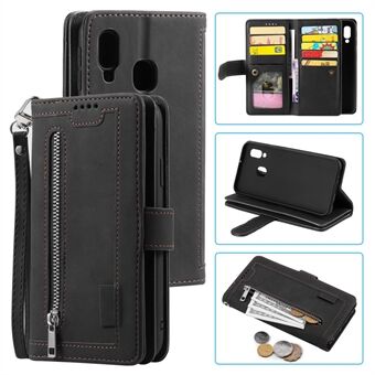 Vetoketjullinen tasku 9 korttipaikkaan nahkainen lompakkokotelo Samsung Galaxy A20e -puhelimelle - musta