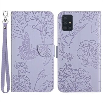 For Samsung Galaxy A51 4G SM-A515/M40S Folding Stand PU Leather Flip Wallet Case Skin-touch Feeling Bookstyle Butterfly Flower Imprinted Cover with Strap