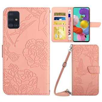 For Samsung Galaxy A51 4G SM-A515/M40S Imprinting Butterfly Flower Wallet Leather Case Stand Cover with Shoulder Strap