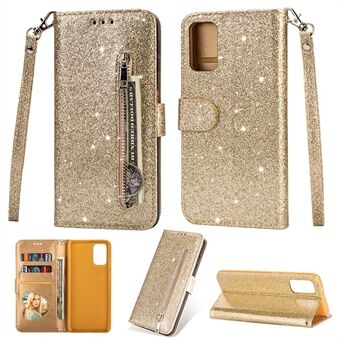 Glitter Powder vetoketjullinen Stand nahkainen lompakkokotelo hihnalla Samsung Galaxy S20 Plus / S20 Plus 5G