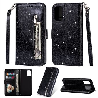 Glitter Powder vetoketjullinen Stand nahkainen lompakkokotelo hihnalla Samsung Galaxy S20 Plus / S20 Plus 5G
