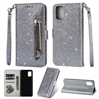 Glitter Powder vetoketjullinen Stand nahkainen lompakkokotelo hihnalla Samsung Galaxy A41:lle (maailmanlaajuinen versio)