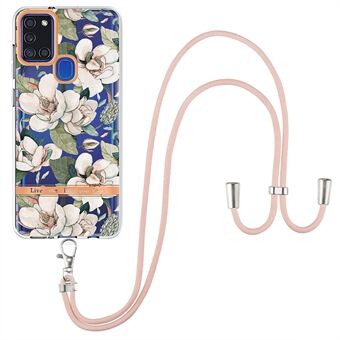 YB IMD Series Flower Patterns TPU-puhelinkotelo Samsung Galaxy A21s:lle, Lanyard Sähköpinnoitettu IML-puhelimen suojakuori