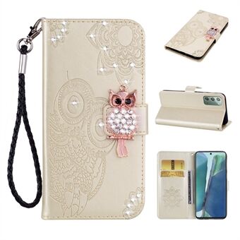 Rhinestone Decor Imprint Owl Flower Leather Wallet Stand -kotelo Samsung Galaxy Note 20 5G / Galaxy Note 20: lle