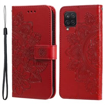 PU-nahkainen painatus kukkakuvioinen lompakkopuhelinkotelo kaulanauhalla Samsung Galaxy A12 / M12 / F12