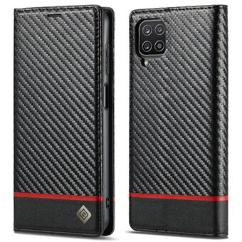 Stand Carbon Fiber Texture Stripe Design Lompakkoteline Nahkainen puhelinkotelo Samsung Galaxy A12 5G:lle