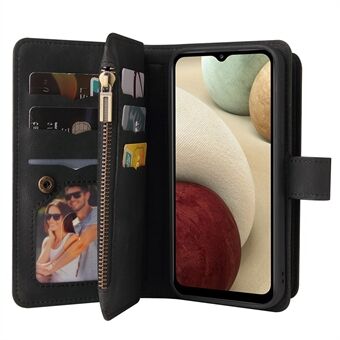 Useita korttipaikkoja puhelimen suojakuori, jossa vetoketjutasku, ihokosketustuntuva Stand lompakkokotelo Samsung Galaxy A12:lle