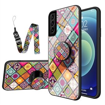 Värikäs kukkakuvioinen lasihybridipuhelimen suojakuori jalankanauhalla Samsung Galaxy S21 5G:lle