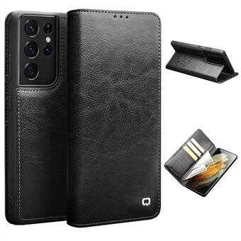 QIALINO Flip -lompakkosuunnittelu aitoa nahkaa sisältävä puhelimen kuori Samsung Galaxy S21 Ultra 5G: lle