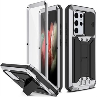 R-JUST Kickstand koko kehon iskunkestävä metallikotelo, jossa on sisäänrakennettu näytönsuoja ja liukukameran linssisuojus Samsung Galaxy S21 Ultra 5G:lle
