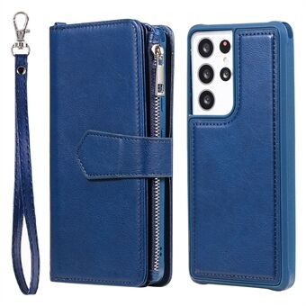 Vetoketjullinen tasku Irrotettava 2-in-1 PU-nahkainen Stand puhelimen suojakuori ja hihna Samsung Galaxy S21 Ultra 5G:lle