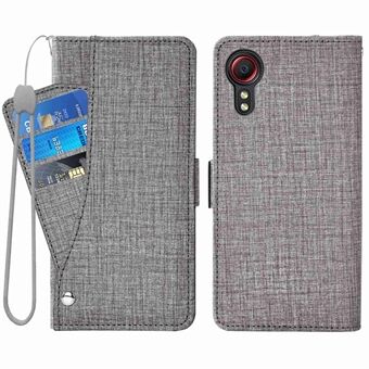 Pudotusta estävä puhelimen lompakkokotelo Samsung Galaxy Xcover 5:lle, PU nahkainen läppäkuori korttipidike Jean Cloth Texture -puhelimen kuori, jossa pyörivät korttipaikat