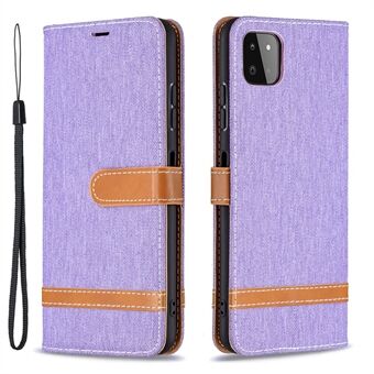 Valikoimavärinen farkkukangas, nahkainen lompakkokotelo käsihihnalla Samsung Galaxy A22 5G:lle (EU-versio)