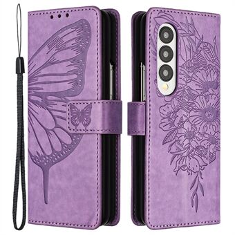 YB Imprinting Series-4 Samsung Galaxy Z Fold3 5G PU-nahkaiselle läppäsuojavalle puhelinkotelolle Butterfly Flower -painettu lompakkotelineen Stand hihnalla