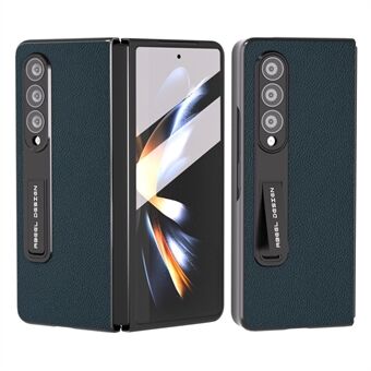 ABEEL Samsung Galaxy Z Fold3 5G Kickstand Suojakuori Litchi Texture Lehmännahkainen Nahka+PC Panssari Puhelimen kotelo karkaistulla lasikalvolla
