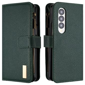 BINFEN COLOR vetoketjullinen lompakkopuhelinkotelo Samsung Galaxy Z Fold3 5G Litchi Texture PU-nahkainen läppäkuori