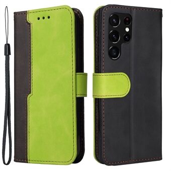 Business Style Splicing Kaksivärinen Full Protection Wallet Design -puhelinkotelo Stand Samsung Galaxy S22 Ultra 5G -puhelimelle - vihreä