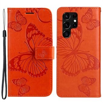 KT Imprinting Flower Series-2 Stand PU-nahkainen puhelinkotelo Lompakko Flip Butterfly -painettu suojakuori hihnalla Samsung Galaxy S22 Ultra 5G:lle
