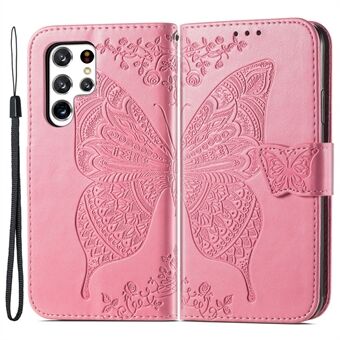Samsung Galaxy S22 Ultra 5G:lle painettu Butterfly Flower Scratch muodikas PU-nahka + TPU-iskunkestävä puhelinkuoren käännettävä Stand hihnalla