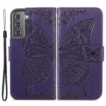 Muodikas painettu Butterfly Flower Scratch PU-nahka + TPU-iskunkestävä puhelinkotelon käännettävä Stand suojus hihnalla Samsung Galaxy S22 5G:lle