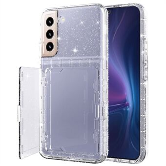 Samsung Galaxy S22 5G Cardcase Series Glitter Phone Case -korttikotelolle Kickstand Paksutettu PC + TPU-suojus peilillä - Läpinäkyvä