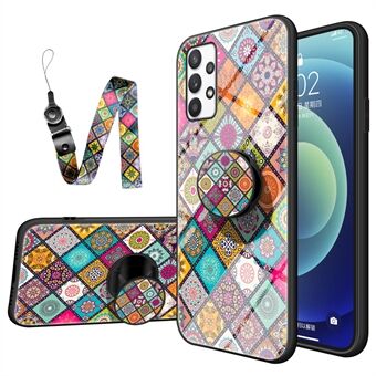 Samsung Galaxy A53 5G Kickstand karkaistu lasi + PC + TPU Tyylikäs kuviollinen matkapuhelinkotelon kuori kaulanauhalla