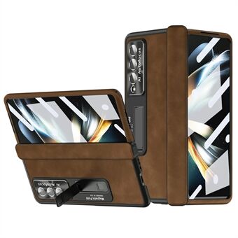 Samsung Galaxy Z Fold4 5G magneettisella saranalla jalustalla olevalle puhelinkotelolle Nappa Texture PU-nahkapäällysteinen PC-pudotuksen estävä suojus karkaistulla lasinäytöllä