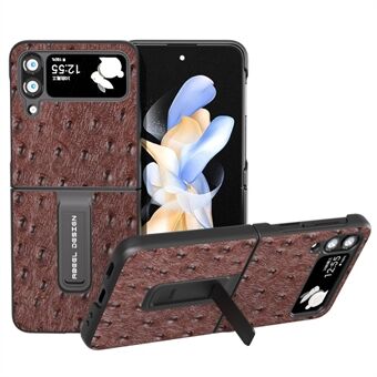 ABEEL Samsung Galaxy Z Flip4 5G:lle aito lehmännahka+PC Kickstand Case Strutsi Texture -puhelimen suojakuori