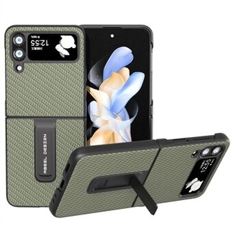 ABEEL Samsung Galaxy Z Flip4 5G Kickstand-puhelinkotelolle PU-nahkapäällysteinen PC-hiilikuitukuvioinen kansi