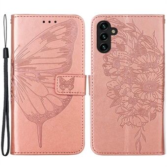 YB Imprinting Series-4 Samsung Galaxy A14 5G PU-nahkaiselle Täyssuojalle Puhelimen kotelolle Butterfly Flower painettu Flip Stand Lompakon suojus hihnalla